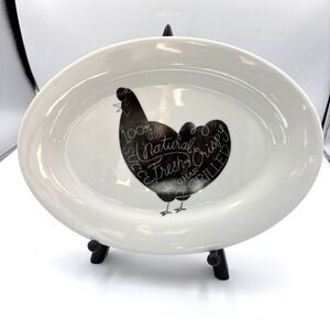 Crate & Barrel Oval Plate  Chicken Graphic Black White 11.5" X 8.5" Country